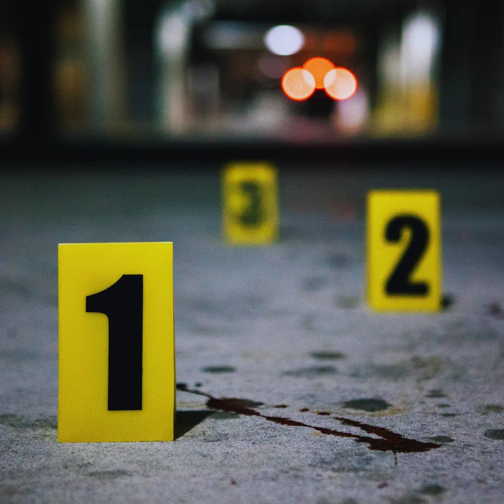Żółte wskaźniki numerowane znajdują się na ziemi, sugerując scenę kryminalistyczną lub śledczą.