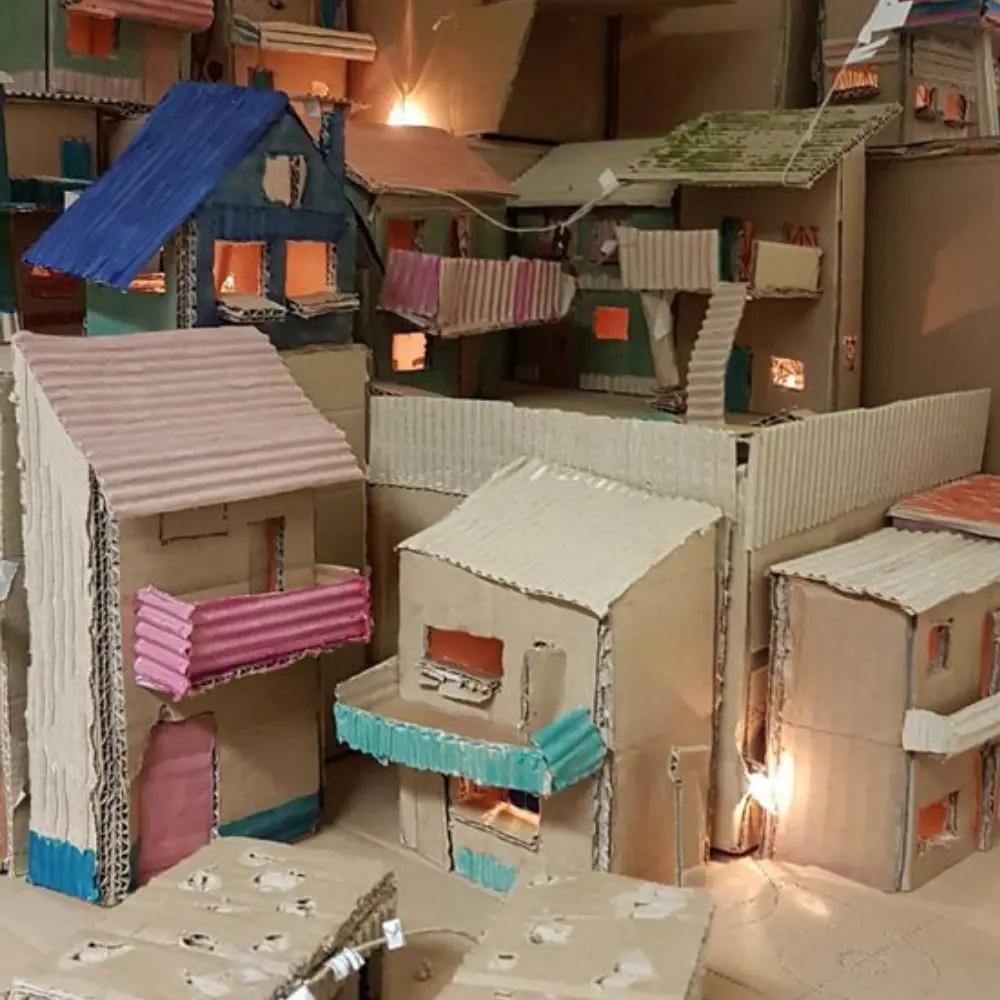 Zdjęcie przedstawia miniaturowe budynki wykonane z kartonu i kolorowej tektury, tworzące makietę miasta.